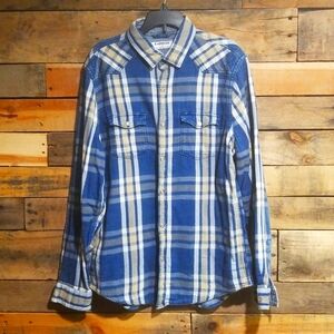 Express flannel, pearl snaps, blue/tan medium